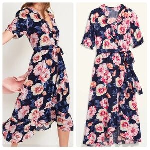 🆕 Old Navy Waist Defined Ruffled Tie Belt Midi Wrap Dress Navy Floral Small